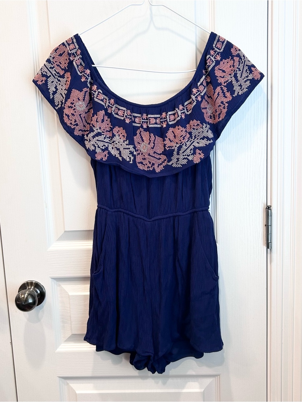 Blue Rain Size Small Navy & Pink Patterned On/Off Shoulder Elastic Lined Romper